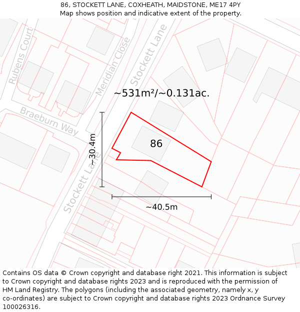 86, STOCKETT LANE, COXHEATH, MAIDSTONE, ME17 4PY: Plot and title map