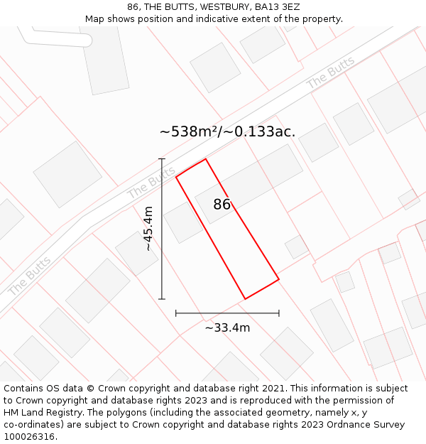 86, THE BUTTS, WESTBURY, BA13 3EZ: Plot and title map