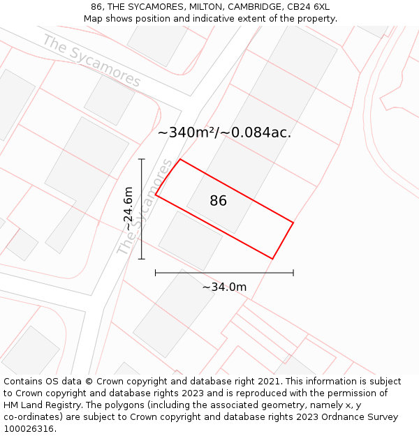 86, THE SYCAMORES, MILTON, CAMBRIDGE, CB24 6XL: Plot and title map