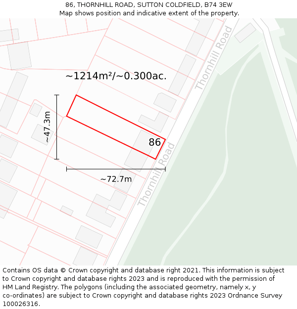 86, THORNHILL ROAD, SUTTON COLDFIELD, B74 3EW: Plot and title map
