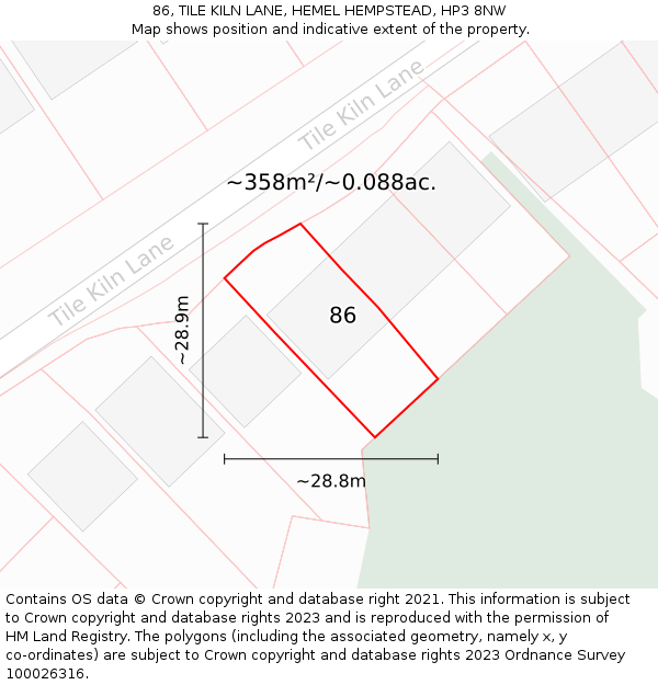 86, TILE KILN LANE, HEMEL HEMPSTEAD, HP3 8NW: Plot and title map