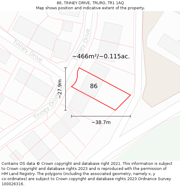 86, TINNEY DRIVE, TRURO, TR1 1AQ: Plot and title map