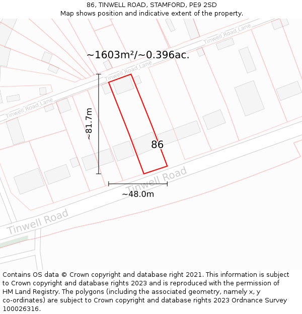 86, TINWELL ROAD, STAMFORD, PE9 2SD: Plot and title map