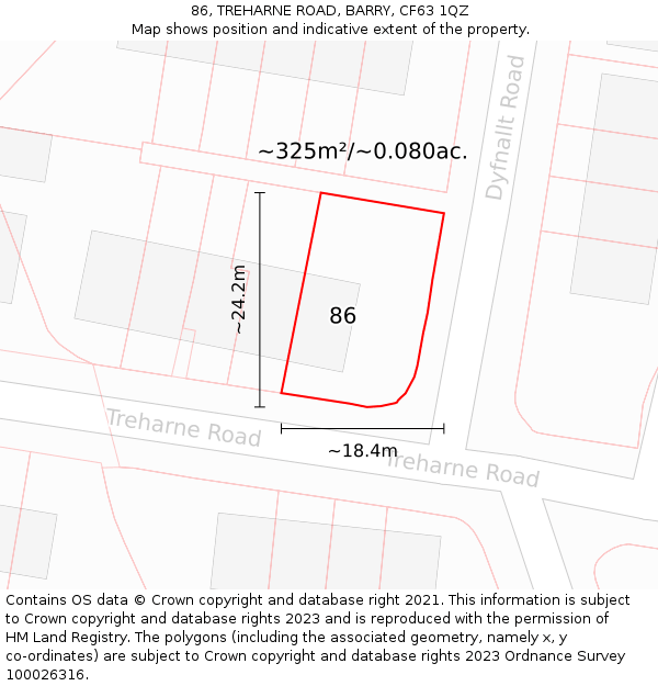 86, TREHARNE ROAD, BARRY, CF63 1QZ: Plot and title map