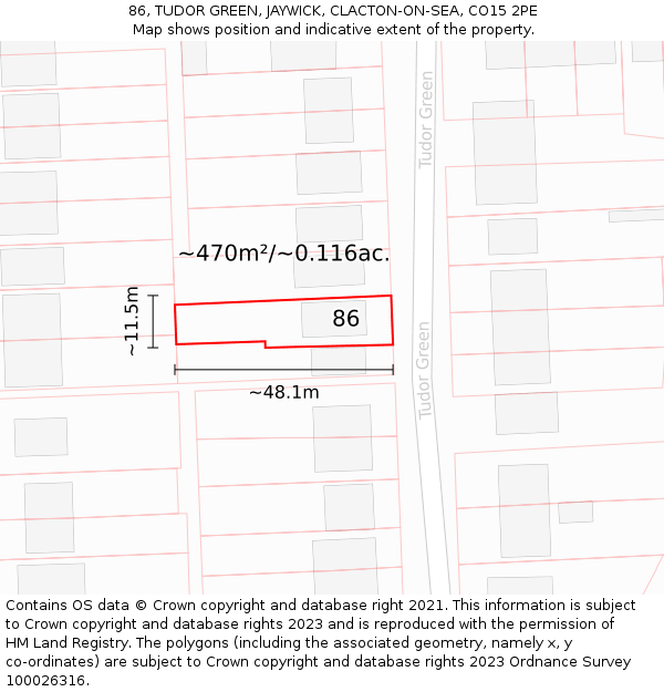 86, TUDOR GREEN, JAYWICK, CLACTON-ON-SEA, CO15 2PE: Plot and title map