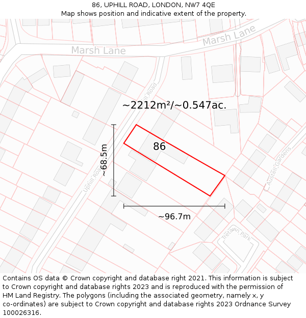 86, UPHILL ROAD, LONDON, NW7 4QE: Plot and title map