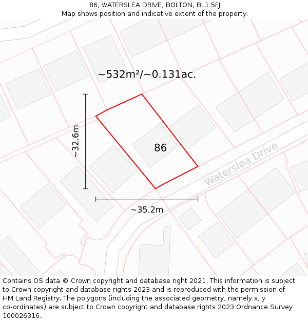 86, WATERSLEA DRIVE, BOLTON, BL1 5FJ: Plot and title map