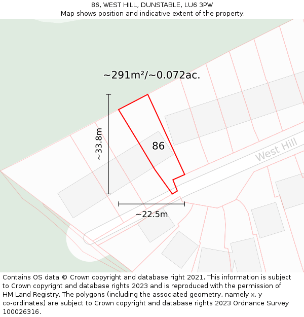 86, WEST HILL, DUNSTABLE, LU6 3PW: Plot and title map