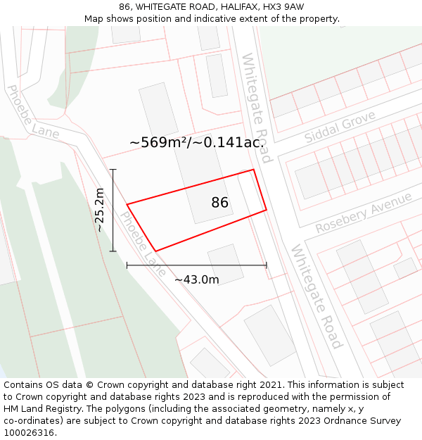 86, WHITEGATE ROAD, HALIFAX, HX3 9AW: Plot and title map