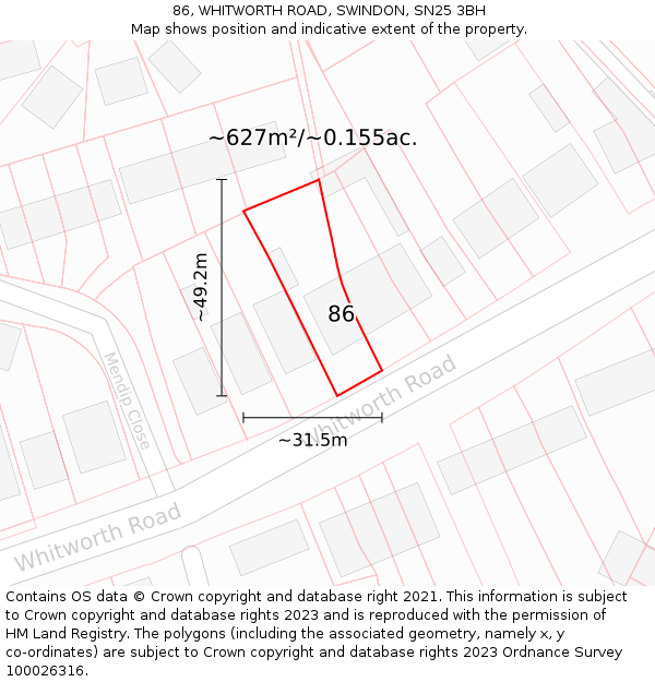 86, WHITWORTH ROAD, SWINDON, SN25 3BH: Plot and title map