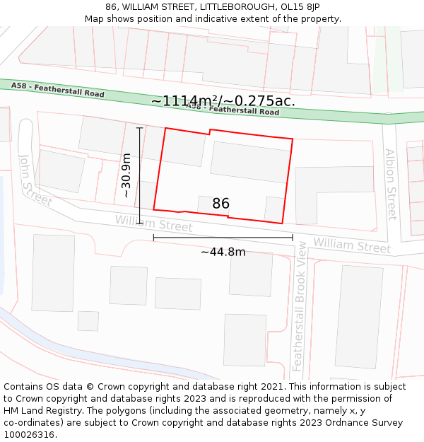 86, WILLIAM STREET, LITTLEBOROUGH, OL15 8JP: Plot and title map