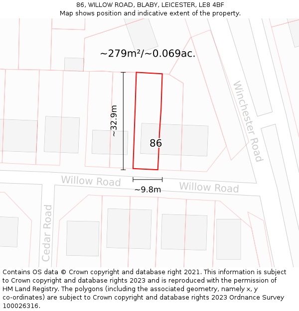 86, WILLOW ROAD, BLABY, LEICESTER, LE8 4BF: Plot and title map