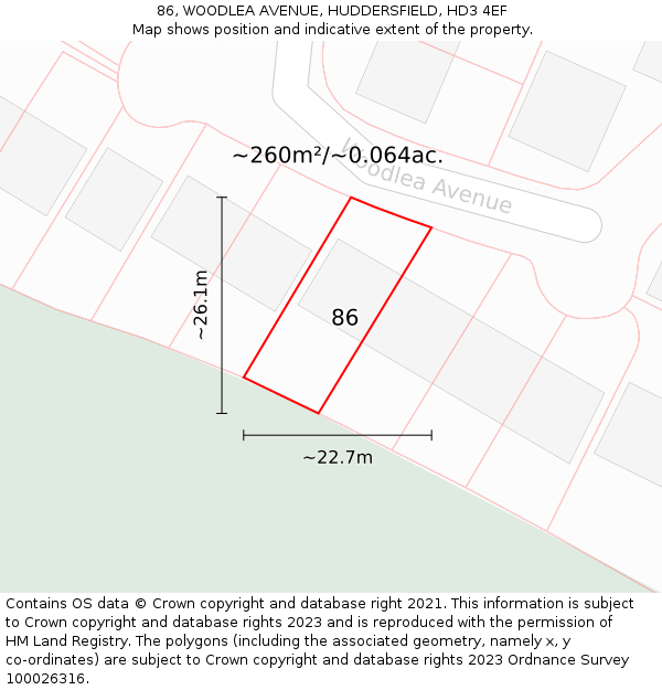 86, WOODLEA AVENUE, HUDDERSFIELD, HD3 4EF: Plot and title map