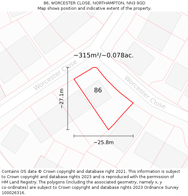 86, WORCESTER CLOSE, NORTHAMPTON, NN3 9GD: Plot and title map