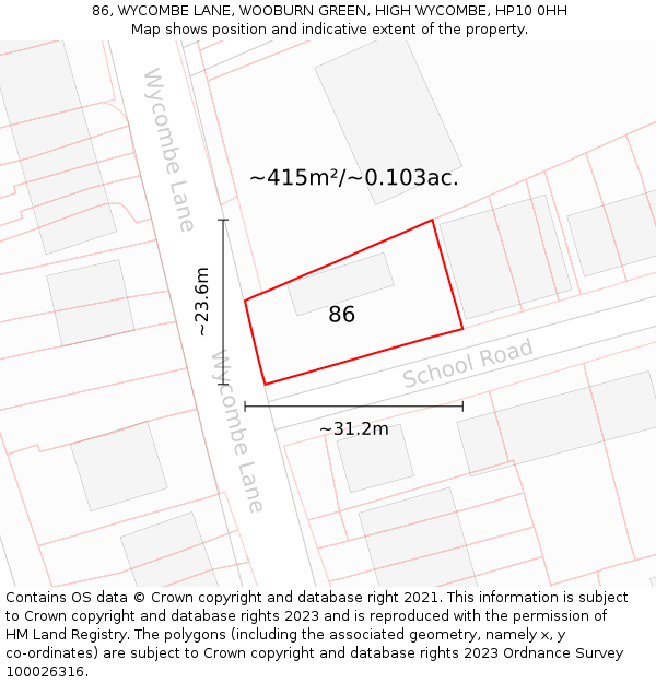 86, WYCOMBE LANE, WOOBURN GREEN, HIGH WYCOMBE, HP10 0HH: Plot and title map