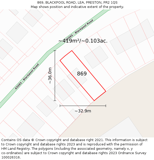 869, BLACKPOOL ROAD, LEA, PRESTON, PR2 1QS: Plot and title map