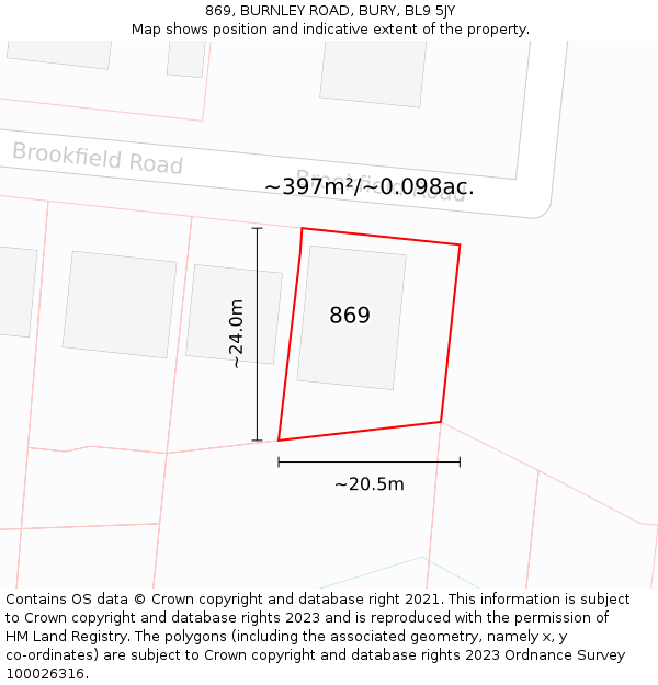 869, BURNLEY ROAD, BURY, BL9 5JY: Plot and title map