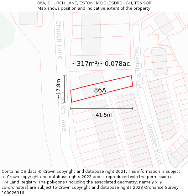 86A, CHURCH LANE, ESTON, MIDDLESBROUGH, TS6 9QR: Plot and title map