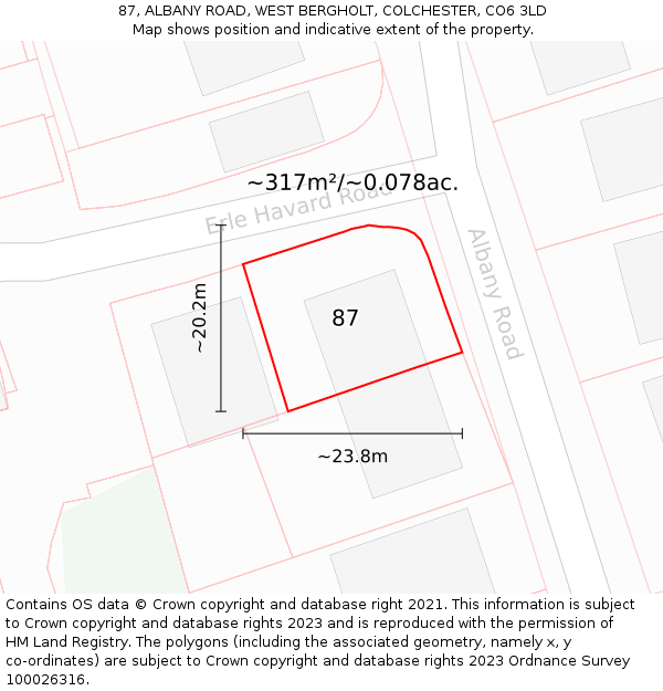 87, ALBANY ROAD, WEST BERGHOLT, COLCHESTER, CO6 3LD: Plot and title map