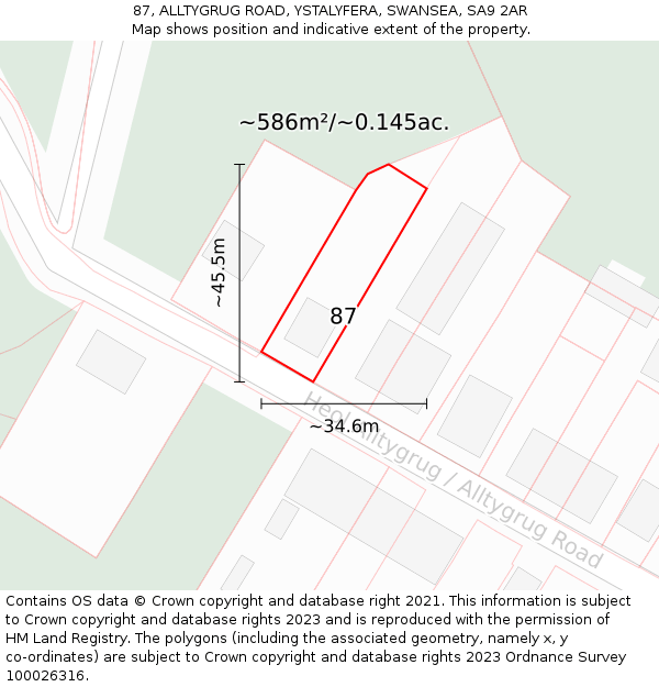 87, ALLTYGRUG ROAD, YSTALYFERA, SWANSEA, SA9 2AR: Plot and title map