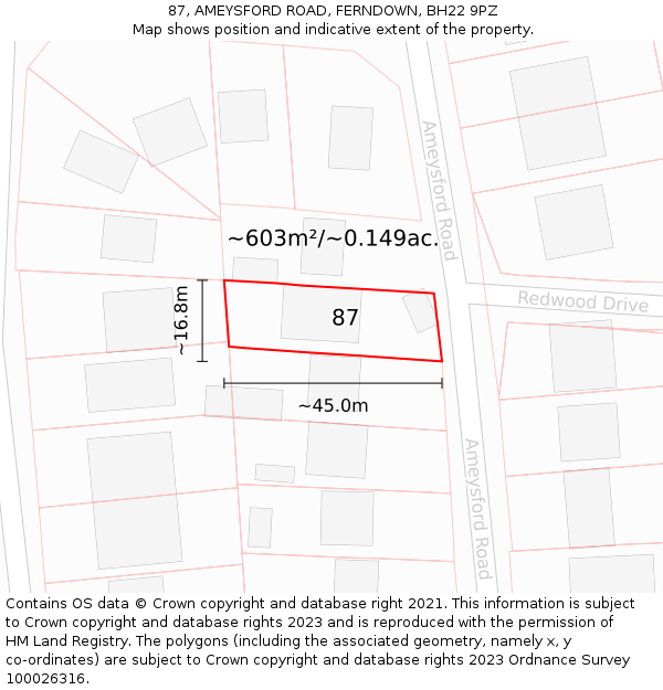 87, AMEYSFORD ROAD, FERNDOWN, BH22 9PZ: Plot and title map