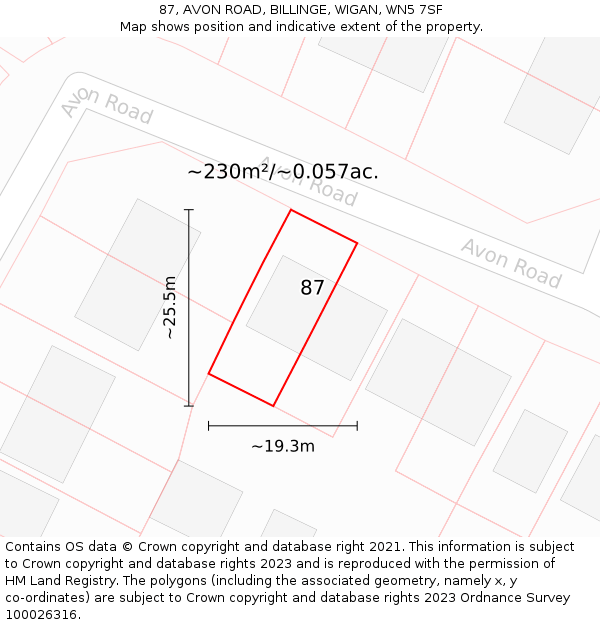 87, AVON ROAD, BILLINGE, WIGAN, WN5 7SF: Plot and title map