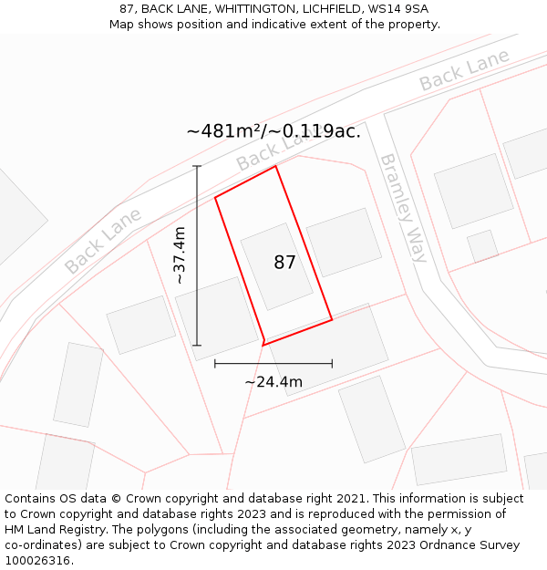 87, BACK LANE, WHITTINGTON, LICHFIELD, WS14 9SA: Plot and title map