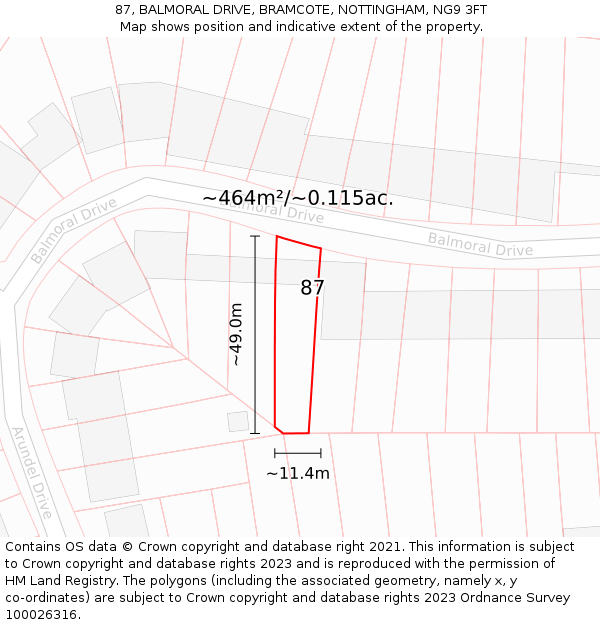 87, BALMORAL DRIVE, BRAMCOTE, NOTTINGHAM, NG9 3FT: Plot and title map