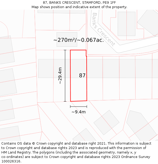 87, BANKS CRESCENT, STAMFORD, PE9 1FF: Plot and title map