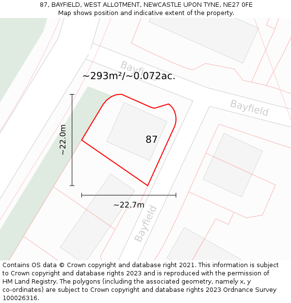 87, BAYFIELD, WEST ALLOTMENT, NEWCASTLE UPON TYNE, NE27 0FE: Plot and title map