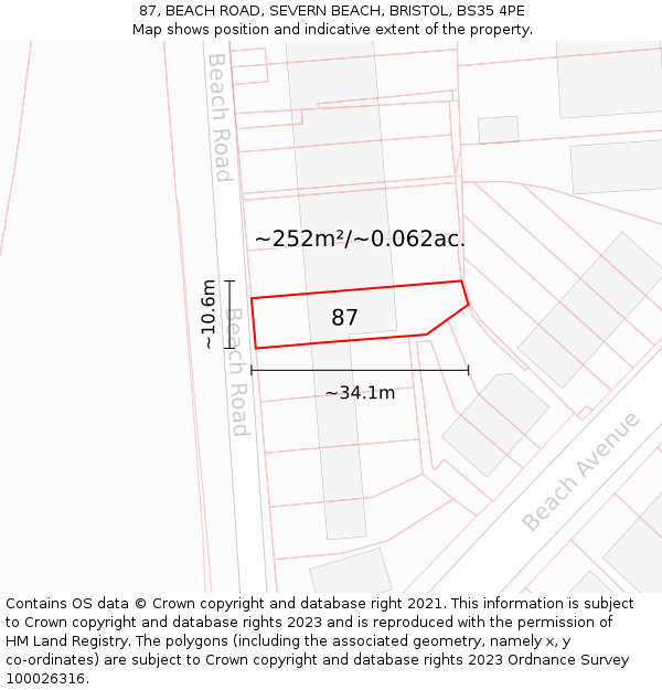 87, BEACH ROAD, SEVERN BEACH, BRISTOL, BS35 4PE: Plot and title map