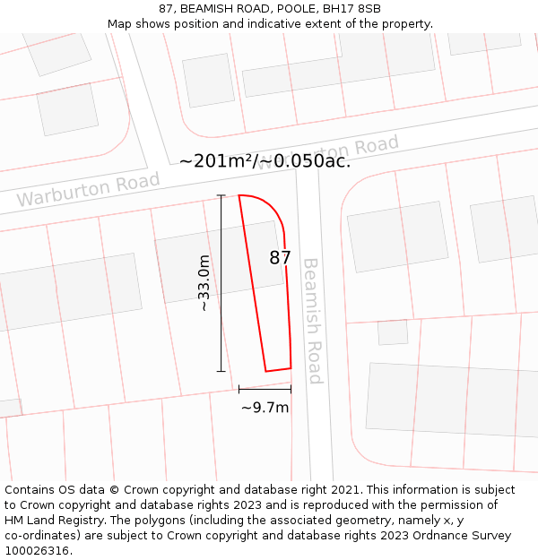 87, BEAMISH ROAD, POOLE, BH17 8SB: Plot and title map