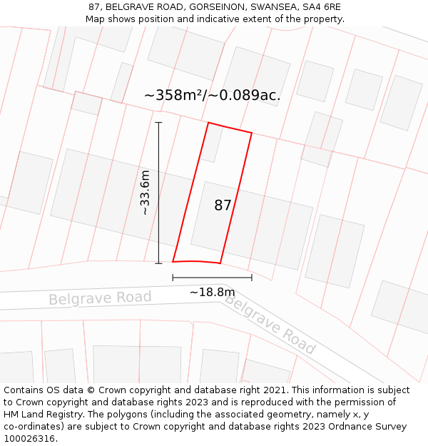 87, BELGRAVE ROAD, GORSEINON, SWANSEA, SA4 6RE: Plot and title map