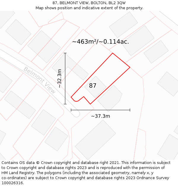 87, BELMONT VIEW, BOLTON, BL2 3QW: Plot and title map