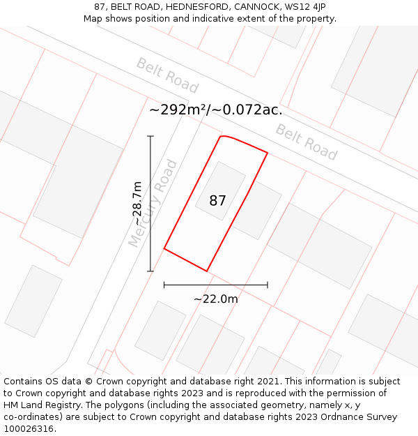 87, BELT ROAD, HEDNESFORD, CANNOCK, WS12 4JP: Plot and title map