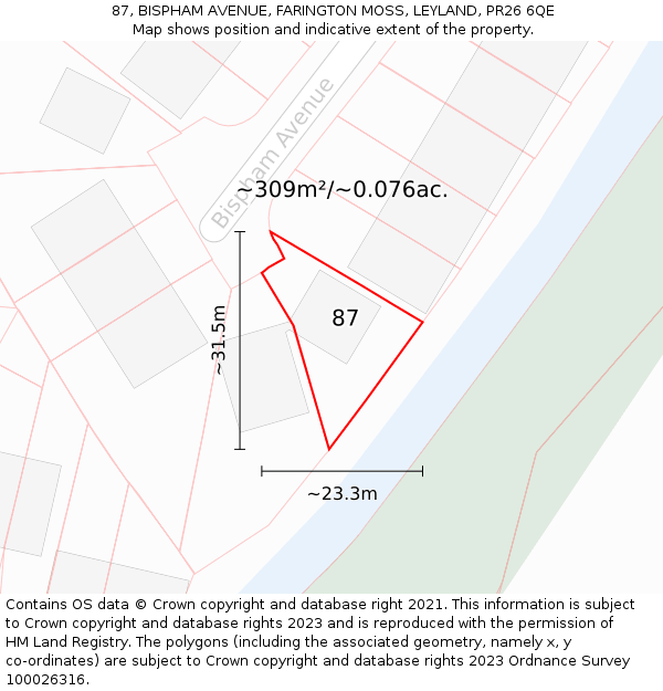 87, BISPHAM AVENUE, FARINGTON MOSS, LEYLAND, PR26 6QE: Plot and title map