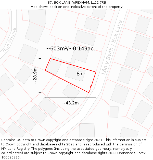 87, BOX LANE, WREXHAM, LL12 7RB: Plot and title map