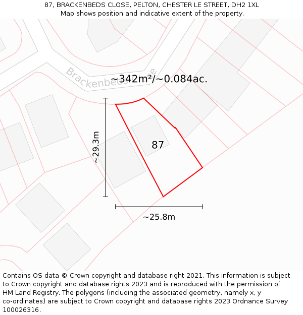 87, BRACKENBEDS CLOSE, PELTON, CHESTER LE STREET, DH2 1XL: Plot and title map