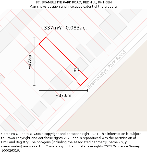 87, BRAMBLETYE PARK ROAD, REDHILL, RH1 6EN: Plot and title map