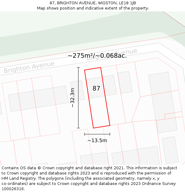 87, BRIGHTON AVENUE, WIGSTON, LE18 1JB: Plot and title map