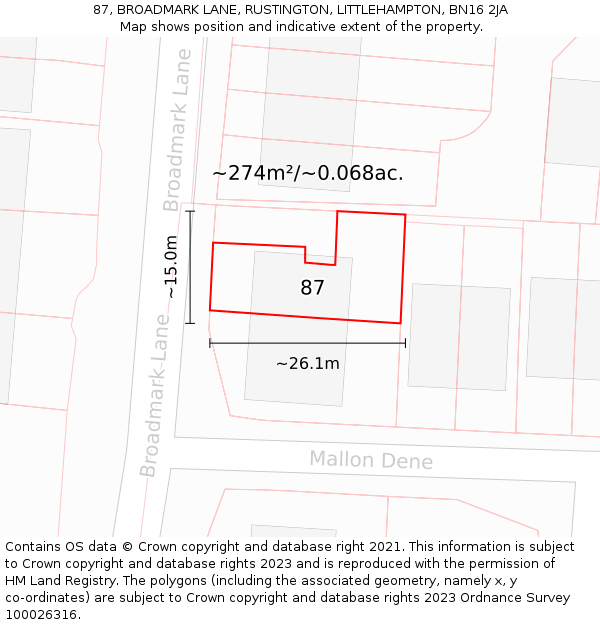 87, BROADMARK LANE, RUSTINGTON, LITTLEHAMPTON, BN16 2JA: Plot and title map