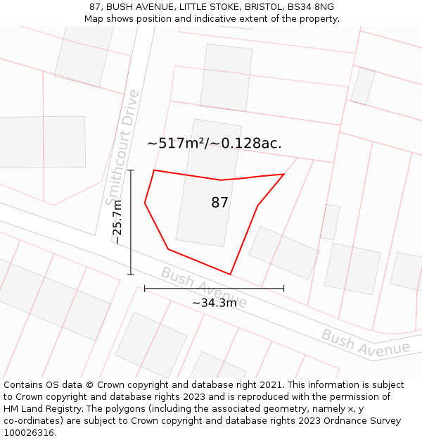 87, BUSH AVENUE, LITTLE STOKE, BRISTOL, BS34 8NG: Plot and title map