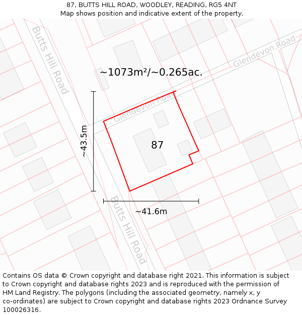 87, BUTTS HILL ROAD, WOODLEY, READING, RG5 4NT: Plot and title map