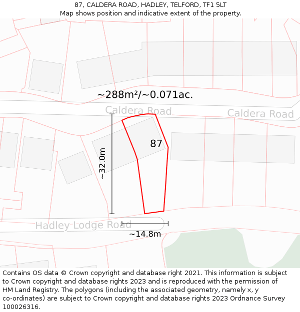 87, CALDERA ROAD, HADLEY, TELFORD, TF1 5LT: Plot and title map