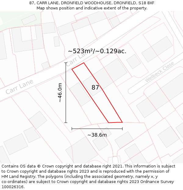 87, CARR LANE, DRONFIELD WOODHOUSE, DRONFIELD, S18 8XF: Plot and title map