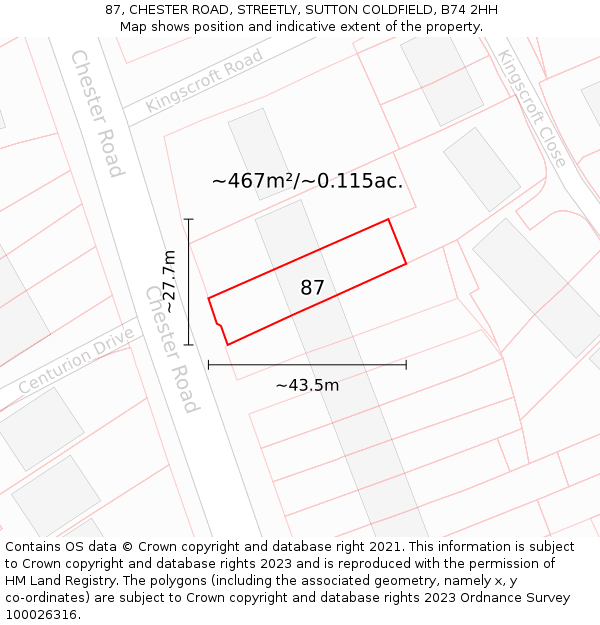 87, CHESTER ROAD, STREETLY, SUTTON COLDFIELD, B74 2HH: Plot and title map