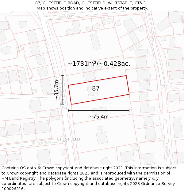 87, CHESTFIELD ROAD, CHESTFIELD, WHITSTABLE, CT5 3JH: Plot and title map