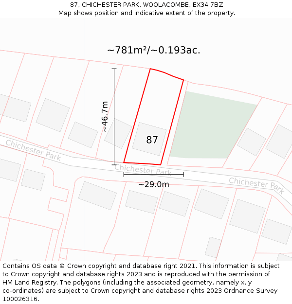 87, CHICHESTER PARK, WOOLACOMBE, EX34 7BZ: Plot and title map