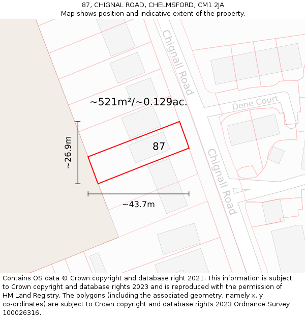 87, CHIGNAL ROAD, CHELMSFORD, CM1 2JA: Plot and title map