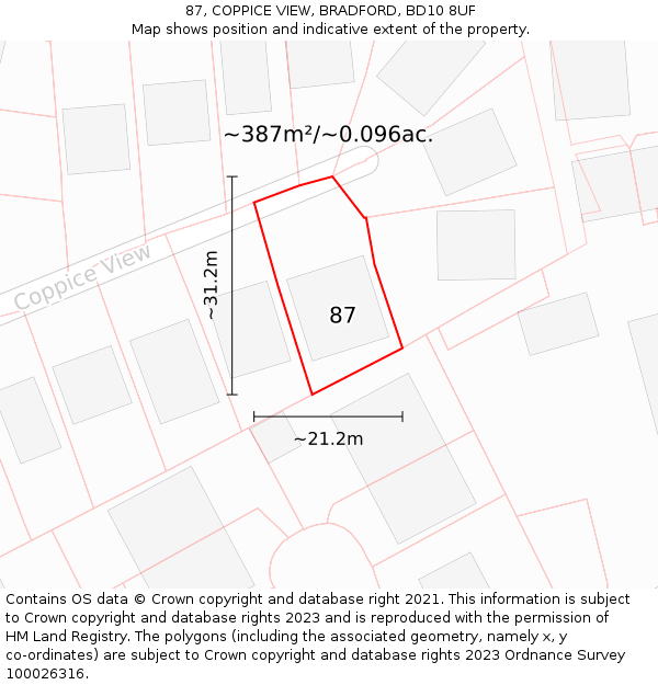 87, COPPICE VIEW, BRADFORD, BD10 8UF: Plot and title map